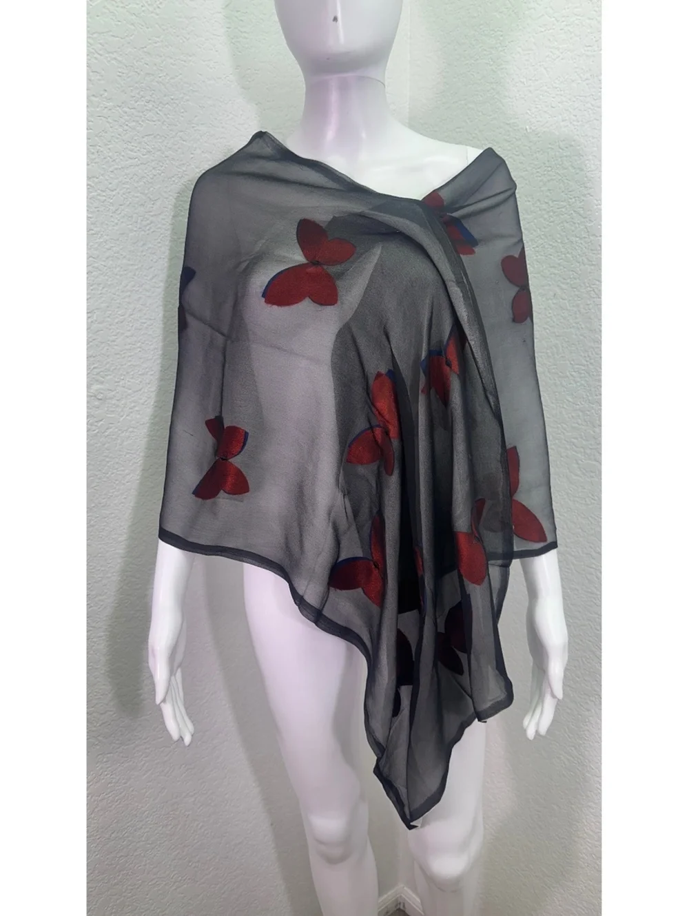 Two Layer 100% Silk Scarf Trapped Butterflies 20x65 Wrap Cover Up Blue & Red
